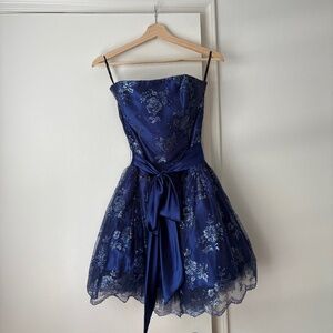 Jessica McClintock for Gunne Sax Blue Strapless Lace Bubble Dress Size 9